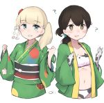  2girls ? absurdres animal_print blonde_hair blue_eyes blush brown_eyes brown_hair cow_print cropped_legs elbow_gloves eyebrows_visible_through_hair gloves green_kimono groin hair_between_eyes highres japanese_clothes kantai_collection kasuga_maru_(kantai_collection) kimono long_sleeves ma_rukan multiple_girls navel obi one_side_up sash shin&#039;you_(kantai_collection) short_hair signature simple_background taiyou_(kantai_collection) white_background white_gloves wide_sleeves 