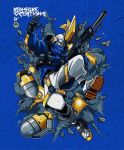  artist_name blue_background blue_jacket explosion explosive fashion grenade gun gundam gundam_wing highres holding holding_gun holding_weapon jacket jumping kensuke_creations mecha no_humans pants shoes sneakers solo sweatpants tallgeese_ii v weapon white_pants yellow_eyes 