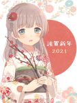  1girl :d aqua_eyes blush eyebrows_visible_through_hair floral_background flower furisode grey_hair hair_flower hair_ornament happy_new_year highres japanese_clothes kazane_mari kimono looking_at_viewer medium_hair new_year open_mouth original plum_blossoms sidelocks smile solo upper_body 