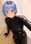  androgynous bangs blue_eyes blue_hair blush bodysuit eyebrows_visible_through_hair from_above hand_on_table kilye_4421 latex_bodysuit lips looking_at_viewer original outstretched_arm self_shot shiny shiny_clothes short_hair skin_tight standing 