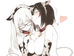  2girls ^_^ animal_ears animal_print asutora asutora-chan bell bell_collar black-framed_eyewear black_hair blue_eyes blush breast_press breasts closed_eyes closed_mouth collar commentary_request cow_ears cow_print cow_tail eyebrows_visible_through_hair fake_animal_ears hair_between_eyes heart large_breasts medium_breasts multiple_girls nude original red_collar short_hair simple_background smile symmetrical_docking tail upper_body white_background 