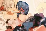  2girls bare_shoulders blue_eyes blush breasts byleth_(fire_emblem) byleth_(fire_emblem)_(female) cou edelgard_von_hresvelg fire_emblem fire_emblem:_three_houses flower fm_r3dslov3 highres japanese_clothes kimono long_hair looking_at_another multiple_girls open_mouth saliva short_hair side_ponytail smile tongue tongue_out white_hair yuri 