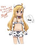  1girl 2021 ahoge amaa_(chou_dennou_jidai) animal_print arms_at_sides bangs bell bikini bikini_top black_hairband blonde_hair blush bow chinese_zodiac clenched_hands closed_mouth commentary_request cow_horns cow_print cow_tail cowbell cropped_legs dot_nose elbow_gloves english_text fake_horns fake_tail flat_chest flying_sweatdrops fur_collar genderswap genderswap_(mtf) gloves hair_between_eyes hairband horns long_hair looking_to_the_side navel out_of_frame print_collar print_gloves print_shorts red_bow red_eyes shimura_akihiko shorts signature simple_background solo_focus speech_bubble standing stomach swimsuit tail thumbs_up translation_request white_background year_of_the_ox yo-jo_life! 