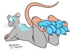  anthro blue_body blue_fur blue_pawpads brown_eyes claws cute_face fur grey_body grey_fur hi_res lying male mammal mouse mousepaw murid murine on_front pawpads paws raised_leg rear_view rodent solo strawbear toe_curl toes 