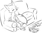  anthro black_and_white briskby canid canine charlie_(weaver) cheek_tuft coffee_table corsac_fox disney eyes_closed facial_tuft fluffy fluffy_tail fox fur furniture head_tuft mammal monochrome nipples pack_street sitting smile sofa solo tuft zootopia 