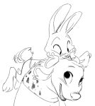  anthro blush briskby duo fur hyaenid lagomorph leporid mammal monochrome on_top open_mouth open_smile rabbit simple_background smile spots spotted_body spotted_fur spotted_hyena sunny_(trash_character) tailwag teeth white_background zeke_(trash_character) 