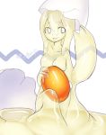  1girl :p blonde_hair broken_egg colored_sclera colored_skin egg egg_yolk hand_up highres holding looking_at_viewer meltyhip monster_girl original signature slime_girl smile solo tongue tongue_out white_eyes yellow_sclera yellow_skin 
