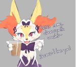  ambiguous_gender anthro blush braixen candy canid canine chocolate chocolate_milk claws clothed clothing conditional_dnp dessert digital_media_(artwork) ebnet flavored_milk food fur gesture hi_res inner_ear_fluff looking_at_viewer maid_uniform mammal meme milk nintendo open_mouth pointing pointing_at_viewer pok&eacute;mon pok&eacute;mon_(species) simple_background smile solo text tuft uniform video_games yellow_body yellow_fur 