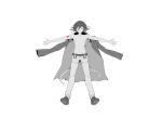  1boy absurdres bangs belt closed_eyes collarbone commentary_request danganronpa_(series) danganronpa_v3:_killing_harmony ewa_(seraphhuiyu) facing_viewer full_body greyscale hair_between_eyes highres jacket jacket_on_shoulders male_focus monochrome navel open_mouth ouma_kokichi outstretched_arms pants shirtless shoes simple_background solo spoilers spread_arms white_background 