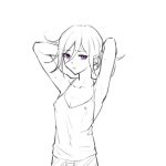  1girl armpits arms_up bangs bare_arms camisole closed_mouth collarbone commentary_request danganronpa_(series) danganronpa_v3:_killing_harmony ewa_(seraphhuiyu) genderswap genderswap_(mtf) hair_between_eyes looking_at_viewer ouma_kokichi purple_eyes simple_background solo spot_color sweat tank_top tying_hair upper_body white_background 