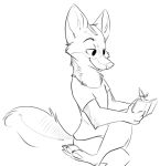  anthro book briskby canid canine canis claws clothed clothing coyote fur holding_book holding_object holding_pen mammal monochrome pawpads shirt simple_background sitting smile solo t-shirt toe_claws topwear white_background 