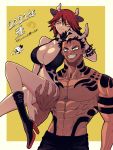  1boy 1girl 2021 animal_print black_footwear black_hair black_pants blazbluefairy blue_eyes boots breasts carrying cleavage cow cow_print feet_out_of_frame highres horns huge_breasts looking_at_viewer muscular muscular_male original pants red_hair scar scar_on_face shirtless short_hair smile tattoo yellow_background yellow_eyes 
