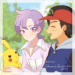  1boy 1girl absurdres anabel_(pokemon) ash_ketchum bangs baseball_cap blurry blush closed_mouth cloud commentary_request copyright_name day eyebrows_visible_through_hair eyelashes gen_1_pokemon hashtag hat highres holding holding_pokemon iketsuko long_sleeves number outdoors pikachu pokemon pokemon_(anime) pokemon_(creature) pokemon_rse_(anime) purple_hair sky smile 