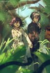  2boys :d ahoge artist_name black_hair black_jacket black_pants blurry_foreground checkered checkered_scarf commentary_request danganronpa_(series) danganronpa_v3:_killing_harmony double-breasted ewa_(seraphhuiyu) feet_out_of_frame forest gakuran grass hair_between_eyes hand_up happy highres holding_hands jacket long_sleeves looking_at_another male_focus multiple_boys nature open_mouth ouma_kokichi outdoors pants saihara_shuuichi scarf school_uniform short_hair sign smile straitjacket thinking tree twitter_username upper_teeth yaoi 