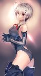  1girl ass bare_shoulders black_gloves breasts closed_mouth elbow_gloves gloves hair_between_eyes highleg highleg_leotard highres leotard looking_at_viewer looking_to_the_side medium_breasts original red_eyes short_hair skin_tight smile tani_wataru thick_thighs thighs white_hair 