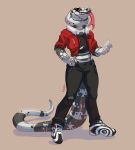  anthro biped black_body black_scales bottomwear clothing fivel forked_tongue hi_res jacket lizard male multicolored_body reptile ringtail scales scalie simple_background solo tegu tongue tongue_out topwear torn_clothing two_tone_body white_body white_scales 