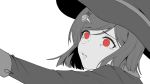  1girl bangs commentary_request crying crying_with_eyes_open danganronpa_(series) danganronpa_v3:_killing_harmony ewa_(seraphhuiyu) eyebrows_visible_through_hair face from_side hair_ornament hairclip hand_up hat highres long_sleeves monochrome open_mouth parted_lips red_eyes short_hair simple_background solo spot_color tearing_up tears teeth upper_body upper_teeth white_background witch_hat yumeno_himiko 