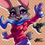  1:1 anthro bottomwear buckteeth cheek_tuft clothed clothing disney dotted_background facial_tuft female fully_clothed fur gloves grey_body grey_fur handwear jaff96 judy_hopps lagomorph leporid looking_at_viewer low_res mammal open_mouth open_smile pants pattern_background purple_eyes rabbit scarf simple_background smile solo teeth tuft zootopia 