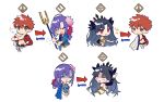  1boy 2girls black_hair blush brown_eyes chibi closed_eyes emiya_shirou fate/grand_order fate_(series) flower flying_sweatdrops gameplay_mechanics gloom_(expression) highres ishtar_(fate)_(all) ishtar_(fate/grand_order) limited/zero_over matou_sakura mebaru multiple_girls parvati_(fate/grand_order) purple_hair red_eyes red_hair scared sengo_muramasa_(fate) simple_background smile sparkle sweatdrop upper_body white_background 