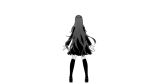  1girl commentary_request danganronpa_(series) danganronpa_v3:_killing_harmony ewa_(seraphhuiyu) facing_away from_behind full_body greyscale highres kneehighs legs_apart long_hair long_sleeves monochrome outstretched_arms pleated_skirt school_uniform shirogane_tsumugi shoes simple_background skirt solo standing thighhighs very_long_hair white_background zettai_ryouiki 
