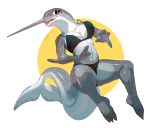  anthro bikini biped cetacean clothing delphinoid female fin fings fivel grey_body grey_skin hi_res horn mammal marine monodontid narwhal nose_horn simple_background solo swimwear tail_fin toothed_whale 