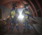  2019 ak-74 anthro assault_rifle blue_body blue_scales blue_skin clothed clothing detailed_background dragon duo eyebrows fish gun holding_object holding_weapon horn inside knee_pads light_machine_gun machine_gun male marine metro_2033 military military_clothing military_helmet military_pants pimpartist ranged_weapon red_body red_eyes red_scales red_skin rifle rpk scales shark standing sun traditional_media_(artwork) train_tracks tunnel weapon yellow_eyes 