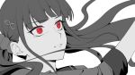  1girl bangs blunt_bangs commentary_request danganronpa_(series) danganronpa_v3:_killing_harmony ewa_(seraphhuiyu) face floating_hair hair_ornament hairclip hand_up harukawa_maki highres long_hair low_twintails monochrome parted_lips red_eyes shirt simple_background sleeves_past_elbows solo spot_color tearing_up tears teeth twintails white_background 