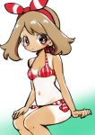 1girl breasts brown_hair chorimokki cleavage hair_ribbon long_hair looking_at_viewer may_(pokemon) navel pokemon pokemon_(game) pokemon_oras ribbon solo swimsuit tan tanline 