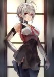  1girl black_skirt breasts elbow_gloves gloves grey_gloves hair_between_eyes hand_on_hip highres looking_at_viewer medium_breasts open_mouth original red_eyes red_ribbon ribbon short_hair skirt tani_wataru white_hair 