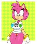  2021 absurd_res amy_rose anthro big_breasts breasts clothed clothing curvy_figure english_text eulipotyphlan female gloves green_eyes handwear hedgehog hi_res looking_down mammal panties pattern_background pink_body portrait shirt simple_background solo sonic_the_hedgehog_(series) standing sweetdandy t-shirt text three-quarter_portrait topwear underwear white_clothing white_gloves white_shirt white_topwear 