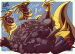  2019 belly big_belly bulge burping claws dragon gold_(elkcip145) hyper hyper_belly male oral_vore pink_claws pink_eyes rumbling_stomach scales scalie size_difference vore yellow_body yellow_scales yui-hii 