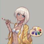  1girl bangs bead_necklace beads bikini blue_eyes blunt_bangs blush breasts cleavage collarbone commentary_request danganronpa_(series) danganronpa_v3:_killing_harmony dark_skin ewa_(seraphhuiyu) eyebrows_visible_through_hair front-tie_bikini front-tie_top grey_background hands_up highres holding holding_paintbrush jacket jewelry long_hair looking_at_viewer low_twintails necklace paintbrush palette simple_background small_breasts smile solo swimsuit twintails upper_body white_hair wide_sleeves yellow_jacket yonaga_angie 
