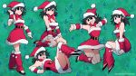  1girl black_bow black_eyes black_footwear black_hair bow bowtie breasts christmas cleavage dress fur_trim green_background hand_up highres invisible_chair legs_up long_hair lucia_(scott_malin) lying medium_breasts multiple_views on_back open_mouth original patterned_background red_dress red_neckwear santa_costume scott_malin seiza shoes sitting smile standing 
