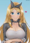  1girl alternate_costume blonde_hair blue_background blue_eyes breasts cleavage echt english_commentary eyebrows_visible_through_hair grey_choker grey_jacket heart highres jacket kantai_collection large_breasts long_hair nelson_(kantai_collection) official_alternate_costume race_queen signature simple_background smile solo upper_body 