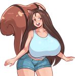  5_fingers animal_humanoid big_breasts big_tail biped blue_bottomwear blue_clothing blue_shorts blush bottomwear breasts brown_body brown_eyes brown_fur brown_hair buckteeth clothed clothing curvaceous curvy_figure cutoffs denim denim_clothing female fingers fluffy fluffy_tail front_view fully_clothed fur glistening glistening_body glistening_fur glistening_skin hair huge_breasts humanoid humanoid_hands light_body light_skin long_hair looking_at_viewer mammal mammal_humanoid monotone_hair open_mouth open_smile pinkkoffin portrait pupils rodent rodent_humanoid sciurid sciurid_humanoid shirt shorts simple_background smile solo squirrel_humanoid standing striped_tail stripes tank_top teeth thick_thighs three-quarter_portrait topwear two_tone_tail voluptuous white_background white_clothing white_pupils white_shirt white_topwear wide_hips 