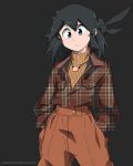  1girl black_background black_hair blue_hair blush brown_jacket brown_pants brown_sweater cowboy_shot hands_in_pockets highres jacket jewelry long_hair long_sleeves lucia_(scott_malin) necklace original pants plaid_jacket scott_malin shirt_tucked_in simple_background solo sweater 