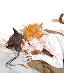  2boys animal_ears artist_name black_hair black_sweater cat_ears cat_tail closed_eyes cuddling ear_piercing fang gem genshin_impact hand_on_head hand_on_shoulder highres intertwined_tails jewelry lying messy_hair multicolored_hair multiple_boys on_back on_bed one_eye_closed orange_hair petting piercing rokuon short_hair simple_background smile sweater tail tartaglia_(genshin_impact) white_background white_sweater zhongli_(genshin_impact) 