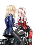  2girls :d alternate_costume ass biker_clothes bikesuit black_pants blonde_hair blue_eyes blush bodysuit breasts can cleavage eyebrows_visible_through_hair from_behind grey_shirt ground_vehicle hairband happy_new_year highres holding holding_can hornet_(kantai_collection) kantai_collection long_hair looking_at_viewer motor_vehicle motorcycle multiple_girls new_year open_mouth pants parazan_d purple_eyes red_bull red_hairband shirt shoukaku_(kantai_collection) simple_background sitting skin_tight smile undersuit vehicle_request white_background white_hair 
