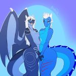  2020 anthro anthro_on_anthro areola big_breasts blue_background blue_eyes breast_squish breasts breasts_frottage brolaren digital_media_(artwork) dragon duo female female/female fingers hair hand_holding hi_res interlocked_fingers looking_at_viewer membrane_(anatomy) membranous_wings nipples nipples_touching open_mouth open_smile portrait simple_background smile squish stripes teeth three-quarter_portrait tongue white_hair wings 