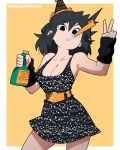  1girl black_dress black_eyes black_hair border bottle breasts cleavage dress hand_up hat highres holding holding_bottle long_hair looking_at_viewer lucia_(scott_malin) medium_breasts orange_belt original party_hat party_horn print_dress scott_malin simple_background solo v white_border yellow_background 