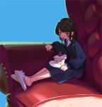  1girl :o animal_slippers bangs blue_background blue_dress blush breasts brown_hair bunny_slippers cake cake_slice collared_dress commentary couch cropped donuttypd dress eating food fork from_side fruit full_body hair_over_shoulder hand_up holding holding_fork legs_together long_hair long_sleeves looking_to_the_side low_twintails open_mouth original oversized_object plate puffy_long_sleeves puffy_sleeves red_eyes shade shiny shiny_hair shoe_dangle simple_background sitting slippers small_breasts solo strawberry strawberry_shortcake tied_hair twintails 