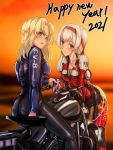  2021 2girls :d alternate_costume ass biker_clothes bikesuit black_pants blonde_hair blue_eyes blush bodysuit breasts can cleavage eyebrows_visible_through_hair from_behind grey_shirt ground_vehicle hairband happy_new_year highres holding holding_can hornet_(kantai_collection) kantai_collection long_hair looking_at_viewer motor_vehicle motorcycle multiple_girls new_year open_mouth pants parazan_d purple_eyes red_bull red_hairband shirt shoukaku_(kantai_collection) sitting skin_tight smile sunrise undersuit vehicle_request white_hair 