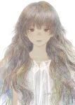  1girl bangs brown_eyes brown_hair closed_mouth collarbone expressionless hair_between_eyes highres lips long_hair looking_at_viewer matayoshi muted_color original signature simple_background solo upper_body very_long_hair wavy_hair white_background 