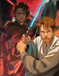  2boys anakin_skywalker bangs beard black_robe brown_hair commentary debris energy_sword english_commentary facial_hair frown grey_eyes holding holding_sword holding_weapon jedi lightsaber long_sleeves looking_at_viewer male_focus multiple_boys mustache obi-wan_kenobi outdoors red_eyes red_sky serious short_hair sith sky split_screen standing star_wars star_wars:_revenge_of_the_sith sword thisuserisalive weapon white_robe 