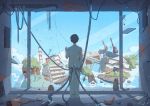  1boy artist_name bibido black_hair broken building day facing_away from_behind hand_up highres indoors looking_out_window mannequin original pants scenery shirt short_hair white_pants white_shirt window 