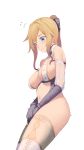  1girl absurdres blonde_hair blue_eyes breasts clenched_teeth cowboy_shot crotch_rub detached_collar detached_sleeves elbow_gloves english_commentary flying_sweatdrops genshin_impact gloves hair_ribbon highres jean_gunnhildr large_breasts long_hair masturbation navel no_panties ponytail purple_gloves ribbon rou_(rou22) solo sweat teeth thighhighs thighs white_background 