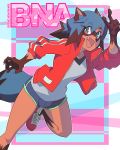  1girl animal_ears body_fur brand_new_animal copyright_name dolphin_shorts eyebrows_visible_through_hair fang foot_out_of_frame furry hand_up highres jacket kagemori_michiru long_sleeves open_clothes open_mouth open_shirt raccoon_ears raccoon_girl raccoon_tail red_jacket scott_malin shirt shorts smile solo tail track_jacket v white_shirt 