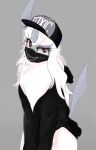  2020 absol absurd_res canid canine chest_tuft clothed clothing conditional_dnp digital_media_(artwork) ebnet face_mask feral fur hair hat headgear headwear hi_res hoodie horn looking_at_viewer male mammal mask nintendo pok&eacute;mon pok&eacute;mon_(species) red_eyes simple_background snapback solo standing topwear tuft video_games white_body white_fur 