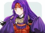  1girl alternate_costume closed_mouth fire_emblem fire_emblem:_radiant_dawn fire_emblem_heroes grey_background headband long_hair long_sleeves looking_at_viewer official_alternate_costume purple_hair rem_sora410 sanaki_kirsch_altina simple_background sleeves_past_wrists smile solo upper_body yellow_eyes 