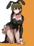  1girl alternate_costume animal_ears black_jacket black_neckwear blush bow bowtie breasts brown_hair bunny_ears cleavage collarbone detached_collar fake_animal_ears fujisaki_(si_da) full_body highres hiryuu_(kantai_collection) holding holding_money jacket kantai_collection kneeling large_breasts leotard looking_at_viewer money playboy_bunny short_hair solo two-tone_background 